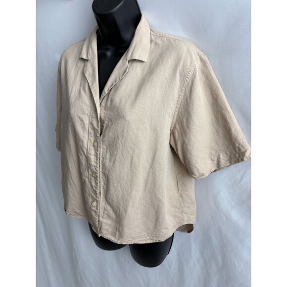 Uniqlo Beige Natural Cropped Button Down Shirt Size XS Linen Blend Lagenlook - Picture 4 of 9